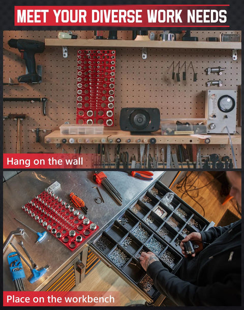 Red 56-thread checker gauge for standard and metric bolt threads; wall-mountable with inch and cm ruler