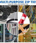 Heavy Duty 8 Inch Nylon Cable Ties, 1200 Pack, Self Locking White Plastic Wire Ties With 50Lb Tensile Strength, Weatherproof Indoor Outdoor Zip Ties For Cable Management shown securing various cables and objects.