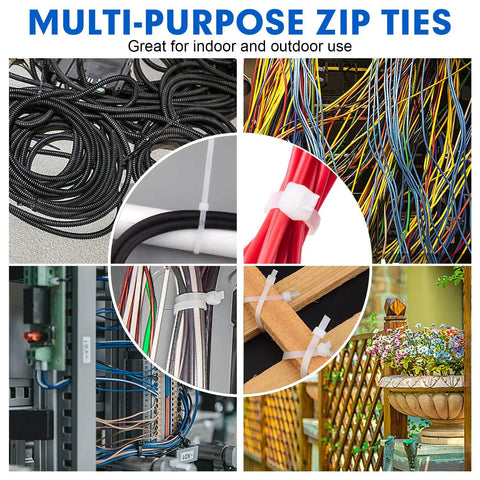 Heavy Duty 8 Inch Nylon Cable Ties, 1200 Pack, Self Locking White Plastic Wire Ties With 50Lb Tensile Strength, Weatherproof Indoor Outdoor Zip Ties For Cable Management shown securing various cables and objects.