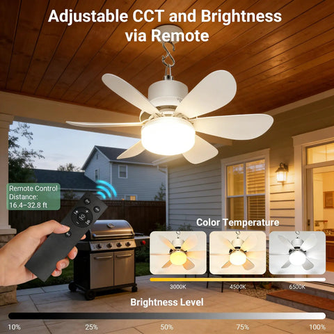 Dope Solar Powered Ceiling Fan With Light And Remote, 18000mAh Battery, 17.5 Inch Portable Outdoor Hanging Fan on patio