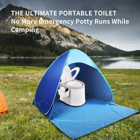 Lightweight Portable Travel Toilet for Camping and Hiking in gray and white with detachable paper holder in outdoor tent setup.