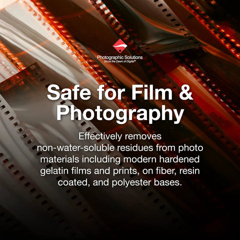PEC-12 photographic emulsion cleaner kit and PEC-PAD lint-free wipes banner with film negatives in background.