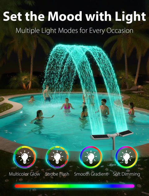 Solar Pool Fountain With 10 Color LED Lights And Auto Light Sensor, 360 Degree Dual Spray Waterfall in illuminated pool at night