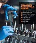 Front view of TitanFlex blue 6-mil nitrile gloves worn by mechanic using calipers on engine components