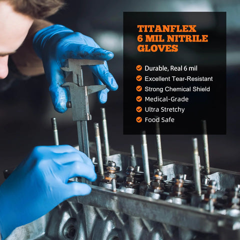 Front view of TitanFlex blue 6-mil nitrile gloves worn by mechanic using calipers on engine components