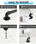 Installation steps for Heavy Duty 7 Ft Metal Industrial Pipe Stair Handrail in Glossy Black Finish with wall or wood mount.