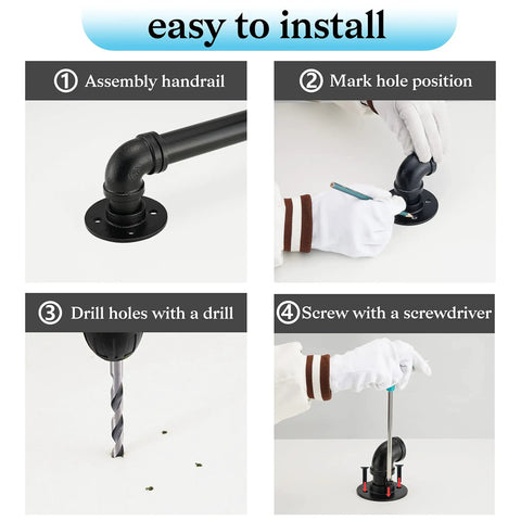 Installation steps for Heavy Duty 7 Ft Metal Industrial Pipe Stair Handrail in Glossy Black Finish with wall or wood mount.