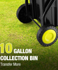 Close-up of portable wheels and collection bin of Electric Wood Chipper Shredder With Fifteen Amp Motor And One Point Eight Inch Cutting Diameter Portable Wheels 50 Liter Collection Bin Mulcher For Yard Debris Cleanup 1800W.