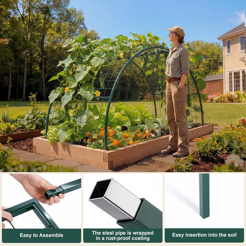 Arch Trellis Kit For Planter Box And Climbing Plants, Wide Metal Arbor For Vegetables And Flowers, Outdoor Garden Decor, Green 8 X 2 X 4 Ft