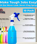 Chemical Resistant 24 Oz Spray Bottles 10 Pack Heavy Duty Trigger Sprayer With Adjustable Nozzle Leak Proof Design For Automotive Detailing Window Washing And Janitorial Work Built Solid For The Daily Grind in multiple colors on a countertop.