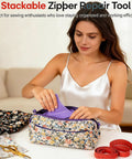 Smooth Operator Three Prong Zipper Jig Sewing Tool For Size 3 And 5 Fasteners, with a woman organizing a zipper repair tool in a floral bag.