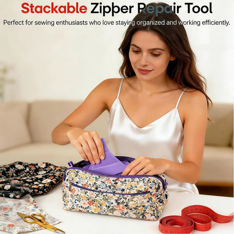 Smooth Operator Three Prong Zipper Jig Sewing Tool For Size 3 And 5 Fasteners, with a woman organizing a zipper repair tool in a floral bag.