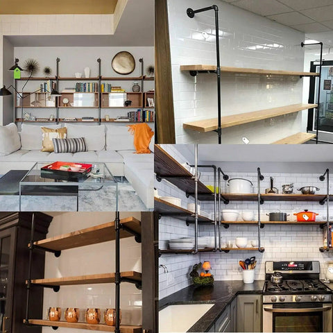 Industrial Black Pipe Shelf Kit 5 Tier Open Wall And Ceiling Mounted Bookshelf for home kitchen office decor.