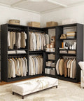Kick Your Storage Game Up A Notch With This Heavy Duty Wood Corner Closet System Featuring Six Hanging Rods And Two Modular Towers To Build A Spacious L Shaped Freestanding Wardrobe In Sleek Black Finish, showcasing organized hanging clothes.