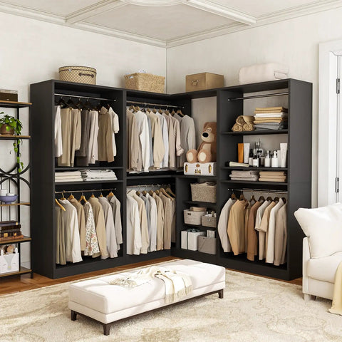 Kick Your Storage Game Up A Notch With This Heavy Duty Wood Corner Closet System Featuring Six Hanging Rods And Two Modular Towers To Build A Spacious L Shaped Freestanding Wardrobe In Sleek Black Finish, showcasing organized hanging clothes.