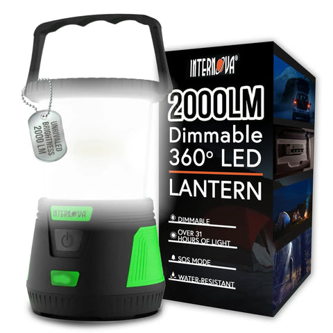Beast Mode 2000 Lumen Camping Lantern With All Day Battery Life And 360 Degree Light Control for tents next to packaging box