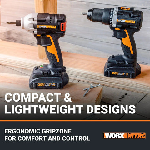 Nitro 20V Brushless Drill Driver And Impact Driver Combo With One Half Inch Drill One Quarter Inch Impact Compact Cordless Set shown