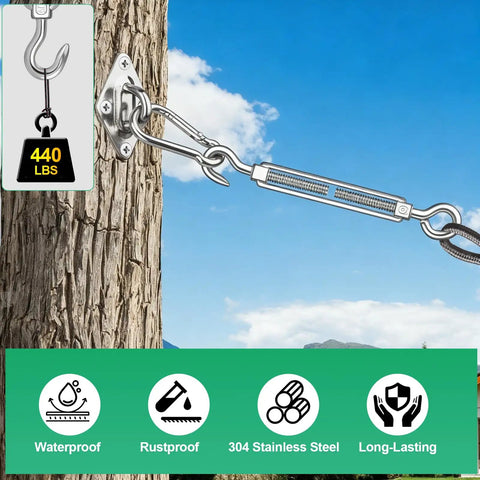 M8 Hook And Eye Turnbuckle Set In 304 Stainless Steel attached to a tree, showing 440 lbs capacity and rustproof features.