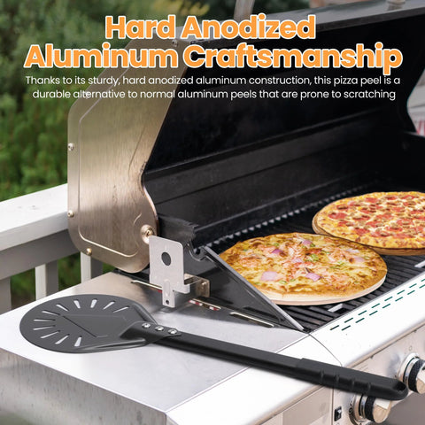 Leightszen pizza turning peel with perforated circular blade and black handle on grill