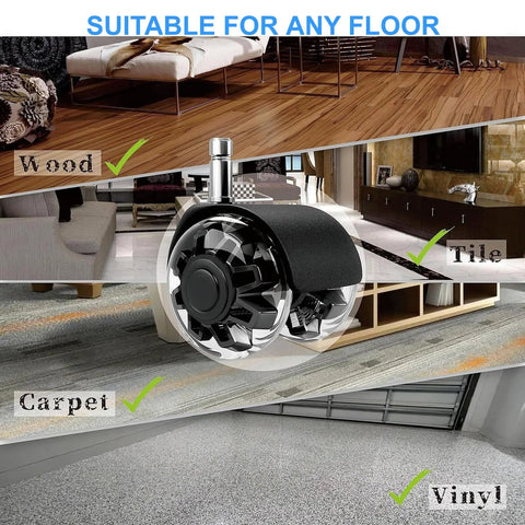 Dual Rubber Office Chair Wheels Two Inch Set Of Five Heavy Duty Casters Support Up To 2200 Pounds Quiet Rolling For Hardwood Floors And Carpets Universal Fit Seven Sixteenths By Seven Eighths Inch Black on various floor types.