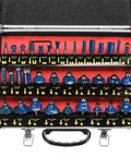 Thirty Five Piece 1/4 Inch Carbide Router Bit Set With Rugged Carry Case showing various blue carbide router bits for woodworking.