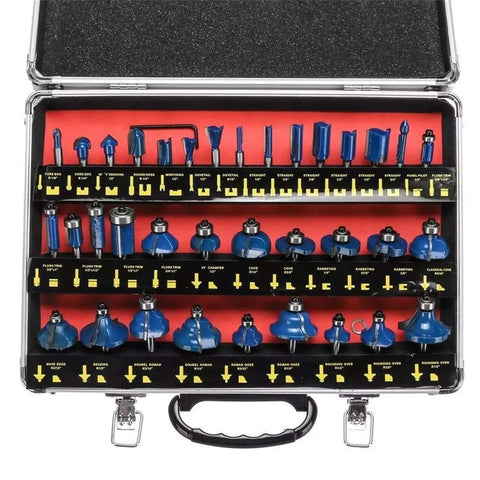 Thirty Five Piece 1/4 Inch Carbide Router Bit Set With Rugged Carry Case showing various blue carbide router bits for woodworking.