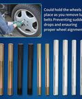 10 Piece Wheel Alignment Pin Set Heavy Duty Steel Alloy Wheel Hanger Guide Tool For Pros Universal Fit With M14x1.25 M14x1.5 M12x1.25 M12x1.5 And M15x1.25 Threads Keeps Wheels Steady While You Loosen Lug Bolts displayed with vehicle wheel.