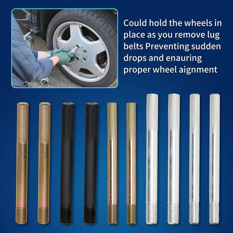 10 Piece Wheel Alignment Pin Set Heavy Duty Steel Alloy Wheel Hanger Guide Tool For Pros Universal Fit With M14x1.25 M14x1.5 M12x1.25 M12x1.5 And M15x1.25 Threads Keeps Wheels Steady While You Loosen Lug Bolts displayed with vehicle wheel.