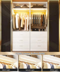 White Freestanding Closet System With 4 Motion Sensor Led Lights Modular Wardrobe Organizer displaying organized clothes and led lights.
