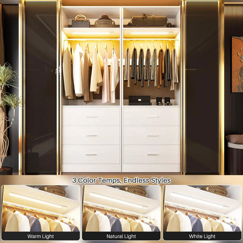 White Freestanding Closet System With 4 Motion Sensor Led Lights Modular Wardrobe Organizer displaying organized clothes and led lights.