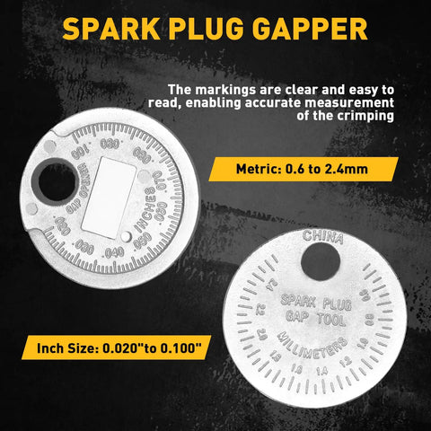 Round spark plug gappers with metric and inch measurements, 0.6mm to 2.4mm and 0.020 to 0.100 inches, on a black background.