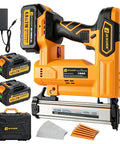 Cordless Brad Nailer 18 Gauge Electric Finish Nail Gun With Two High Capacity Batteries And 200 Piece Kit showing nail gun, batteries, and accessories.