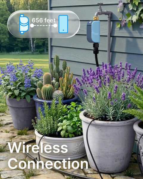 WiFi Water Timer For Garden Hose With Heavy Duty Brass Inlet And Flow Meter, shown on a garden wall controlling outdoor irrigation.