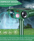 Two Pack Solar Ultrasonic Cat Deterrent With PIR Motion Sensor Waterproof Outdoor Animal Repeller For Garden And Yard That Keeps Cats, Dogs, Skunks, Raccoons, Birds And Squirrels Away, green waterproof unit in rain