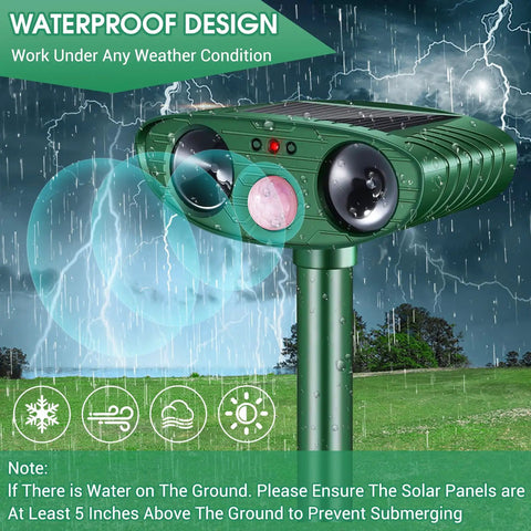 Two Pack Solar Ultrasonic Cat Deterrent With PIR Motion Sensor Waterproof Outdoor Animal Repeller For Garden And Yard That Keeps Cats, Dogs, Skunks, Raccoons, Birds And Squirrels Away, green waterproof unit in rain