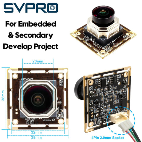 5MP 30FPS Auto Focus USB Camera Module With 138 Degree Wide Angle Fisheye IMX335 Sensor, front and side views with dimensions