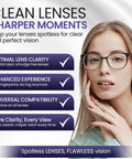 Front view of ULTRAVUE eyeglass gel cleaner spray kit (2x8oz, 1x2oz) with microfiber cloths; model in black frames.