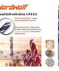 NordWolf 12-piece brad-point wood drill bit set with 1/4 in hex shank, SAE sizes 1/8–1/2, front view with tip close-up.