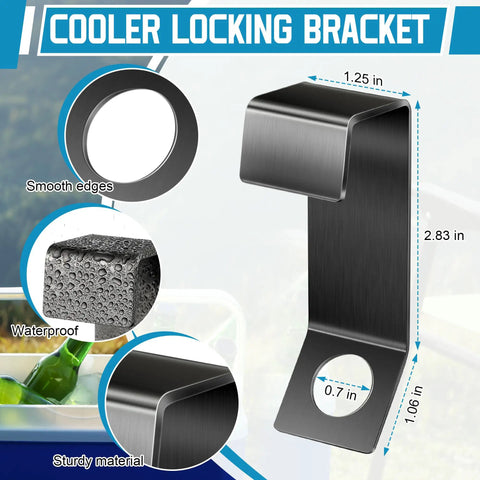 Heavy Duty Cooler Lock Bracket With Security Cable Lock And Tie Down Kit showing dimensions and features like smooth edges and waterproof material.