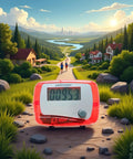 Red Portable Pedometer With Mini Digital LCD Display, All In One Step Counter For Walking And Running, Tracks Distance In Miles, Calorie Burn, Daily Target, Exercise Time, Compact And Easy To Use, shown on trail