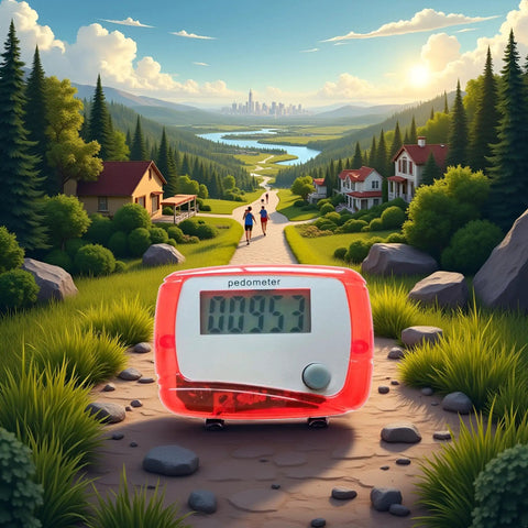 Red Portable Pedometer With Mini Digital LCD Display, All In One Step Counter For Walking And Running, Tracks Distance In Miles, Calorie Burn, Daily Target, Exercise Time, Compact And Easy To Use, shown on trail