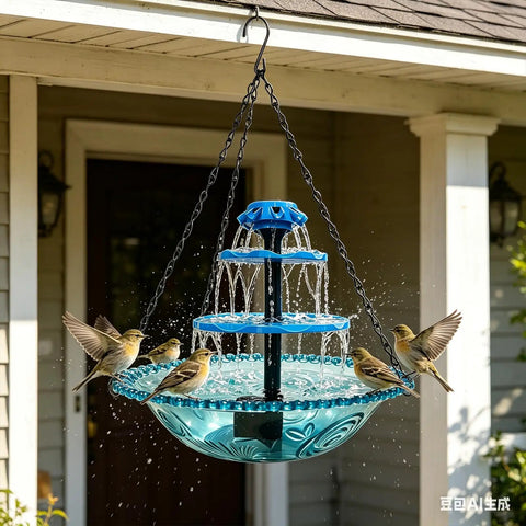 Three Tier Solar Powered Hanging Bird Bath Fountain With Cascading Water Flow To Attract Hummingbirds And Wild Birds, 16.4 Foot Extra Long Cord For Outdoor Garden And Patio Decor, No Fuss Easy Setup installed with birds.