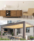 Modern wooden sideboard and chair in living room; outdoor wooden pergola with patio furniture and grill area.