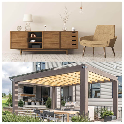 Collage showing a modern indoor living area with wooden furniture and an outdoor patio space with pergola and dining setup.