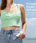 Bladeless Mini Portable Fan With Safe Design Turbo Handheld Breeze 5 Speed Modes USB Rechargeable Up To 16 Hours Cool Time shown in pocket