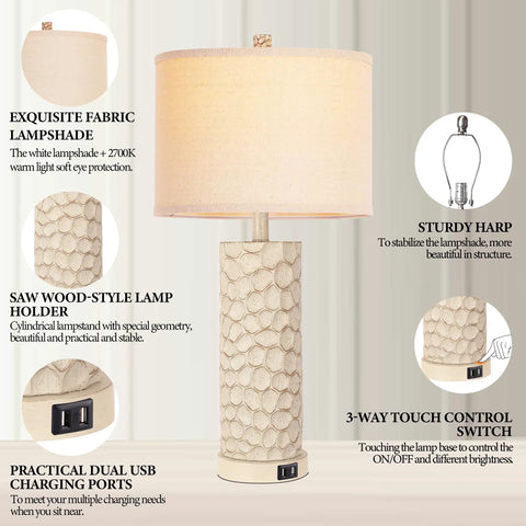 Set of 2 Farmhouse Table Lamps with 3-Way Dimmable Touch Control, Rustic Resin Nightstand Lamps with USB Ports, 26 Inch Cozy Lighting