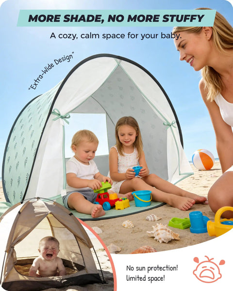 Two children playing inside a Pop Up Baby Beach Tent With UPF 50+ Sun Shade Mosquito Net Shelter Portable Outdoor Canopy For Babies And Toddlers Green Leaves Pattern Easy Setup Summer Essentials on the beach.