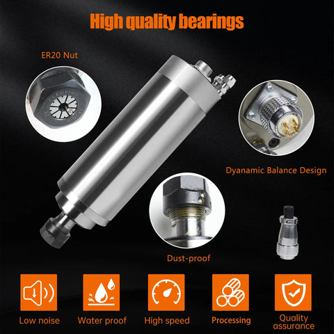 Water Cooled CNC Spindle Motor 2.2KW 220V with ER20 collet, 80mm diameter, 8A, 400Hz, 24000RPM for CNC router engraver and milling machine