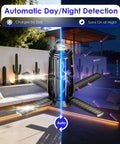 Sun Powered Dope Bug Zapper Outdoor With 5000mAh Battery USB-C Rechargeable And 4 Sided Solar Panels lit at night on patio