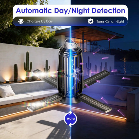Sun Powered Dope Bug Zapper Outdoor With 5000mAh Battery USB-C Rechargeable And 4 Sided Solar Panels lit at night on patio